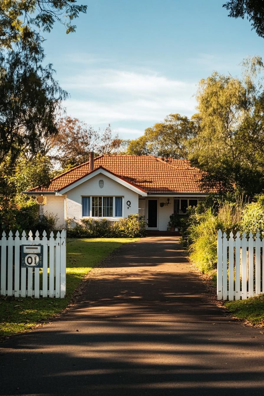modern 90s style house facade with large house number suburban driveway with picket fence 2