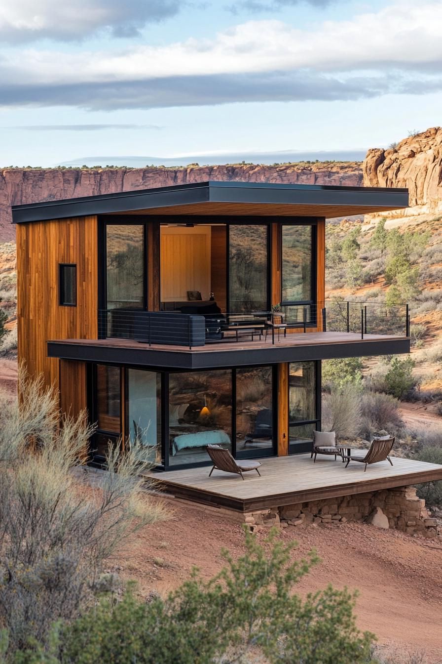 modern timber cabin house two level loft with rooftop deck in an arid picturesque landscape 1