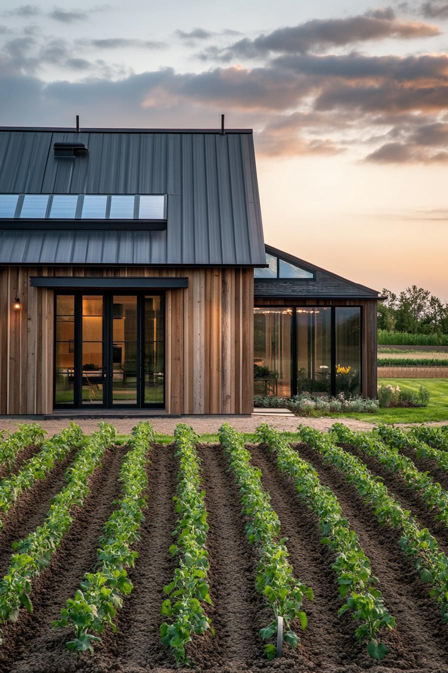 rural modern house exterior rustic wood paneling with metal frontal view neat young crop fields in the foreground 1