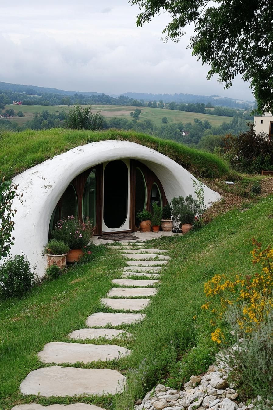modern earth sheltered hobbit style molded house in a green valley hill 3