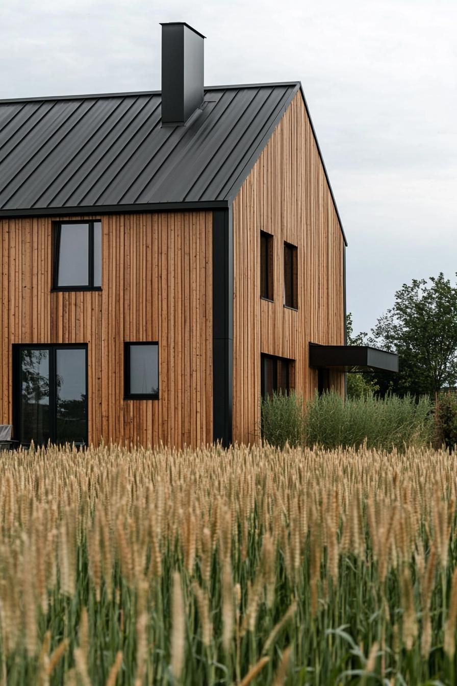 rural modern house exterior rustic wood paneling with metal frontal view neat young crop fields in the foreground