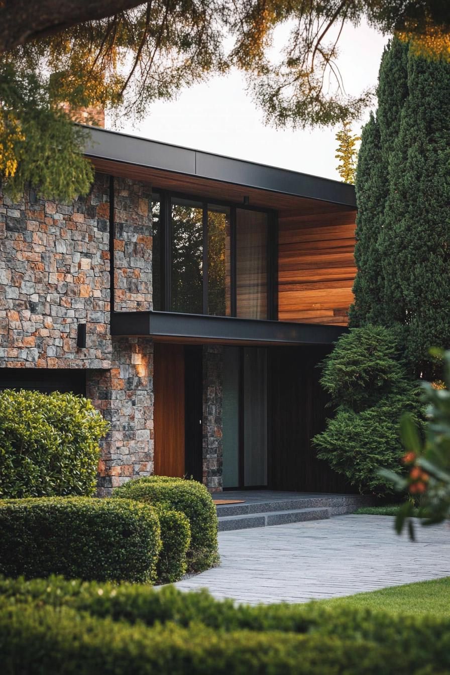 modern 70s style house facade with mixed stone and brick yard with thuja hedging