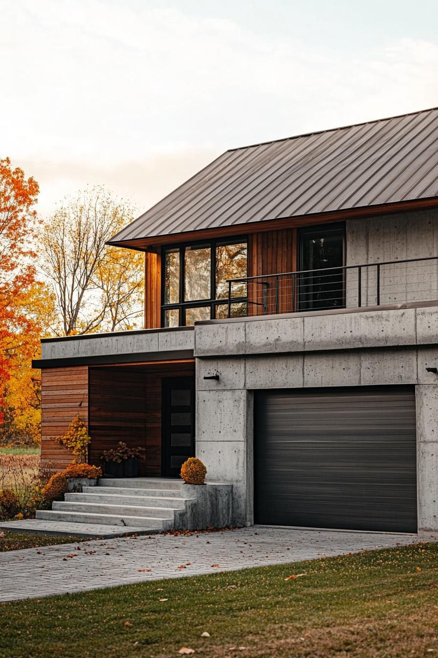 modern 90s house with concrete facade cozy front porch and metal garage door picturesque farmland fields in autumn in the background