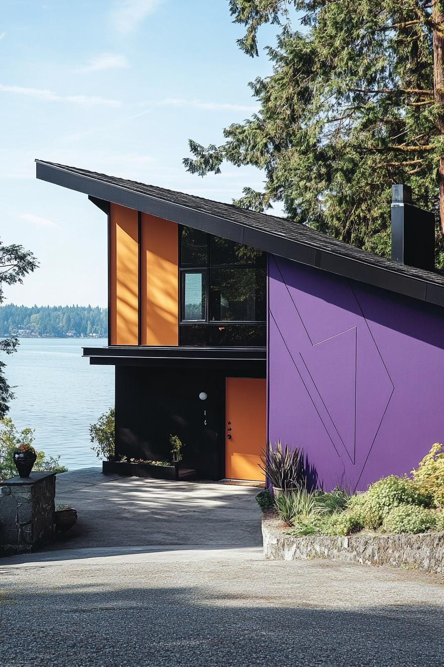 modern 90s style house facade with purple geometric paint color accents beautiful lake in the background 2