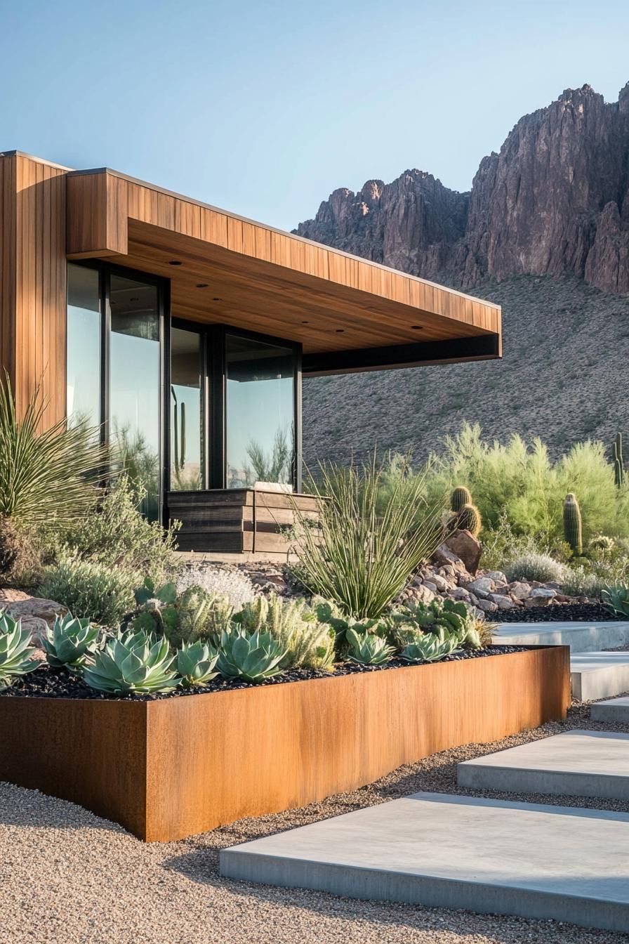 modern 70s style house front yard with cement planter boxes stunning arid mountain landscape in the background