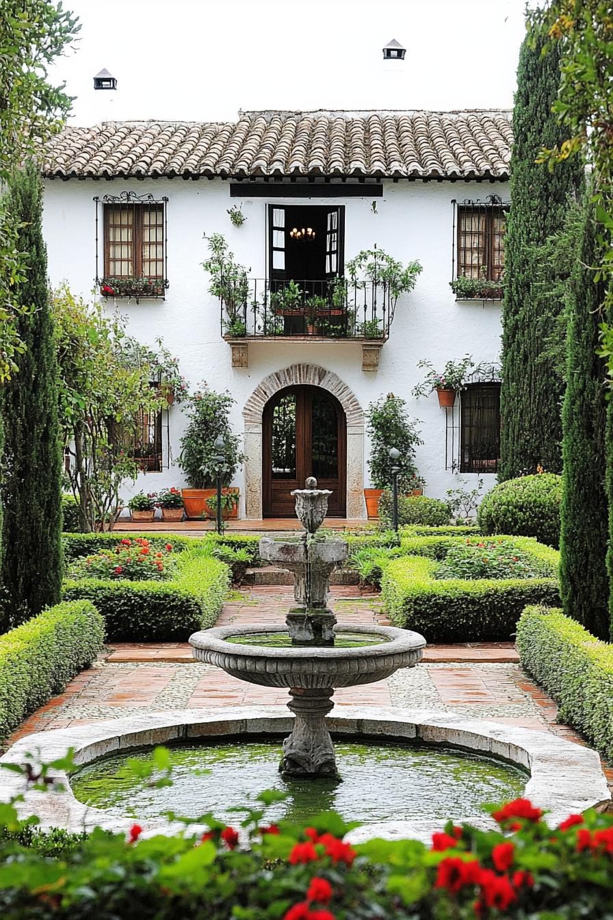 white spanish house yard garden with italian cypress shrubs and central fountain 1