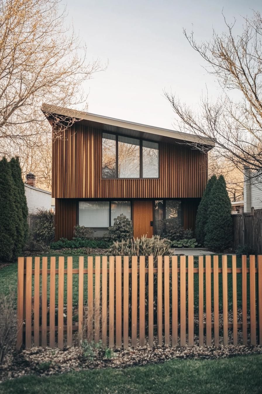 modern 70s style geometric house facade yard with vertical slat fencing in suburban neighborhood in spring