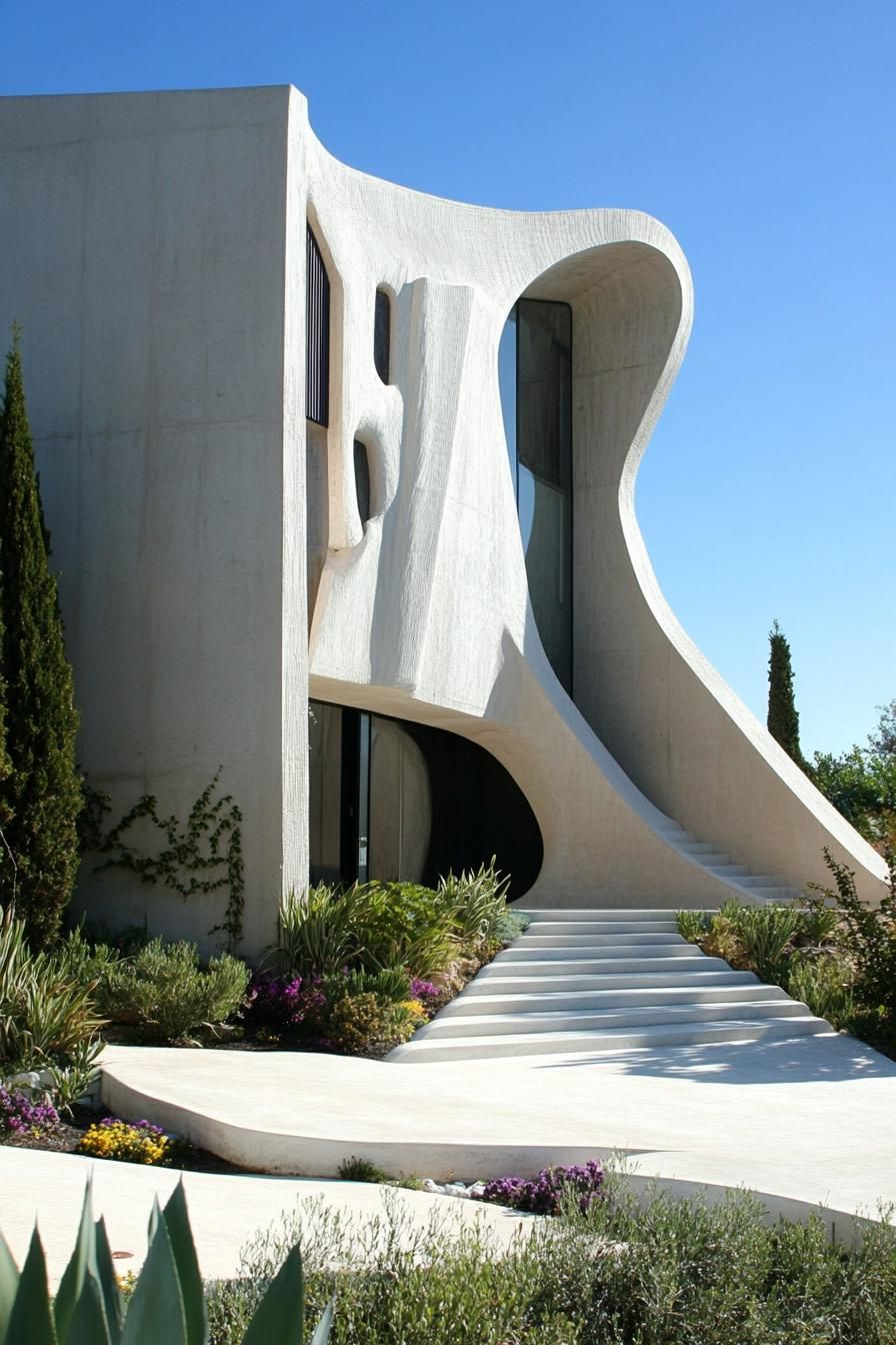 modern house with precast concrete facade with sculptural features lively mediterranean landscape