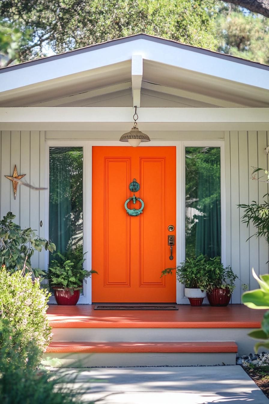 mid century modern house front porch with vibrant orange door and vintage knocker 1