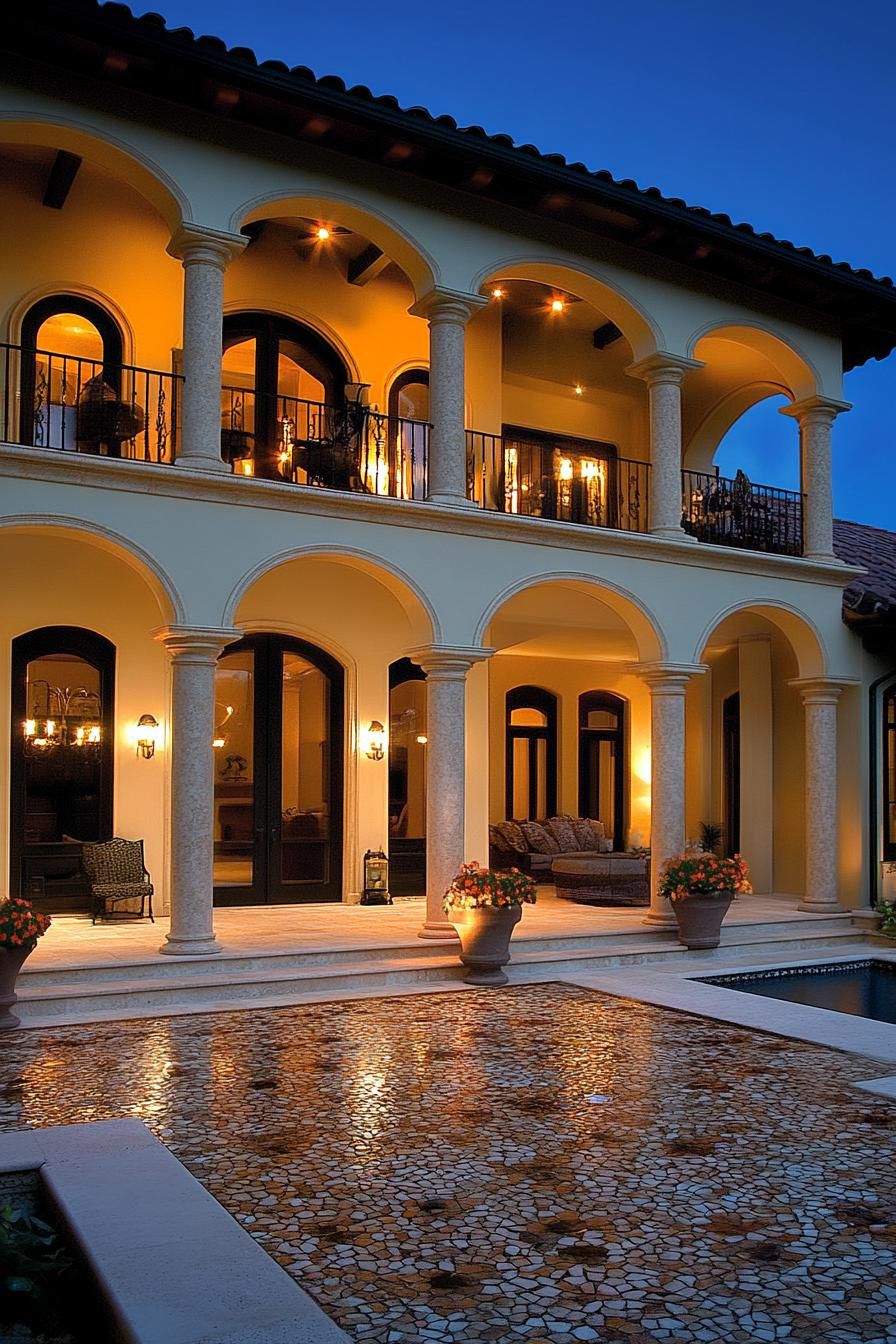 modern spanish house courtyard with arches and columns mosaic tile floor LED lighting dusk scene 2