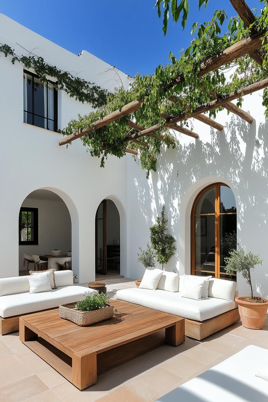 modern spanish house courtyard white walls modern arched doors tiled floor large wooden outdoor coffee table with outdoor sofas pergola above