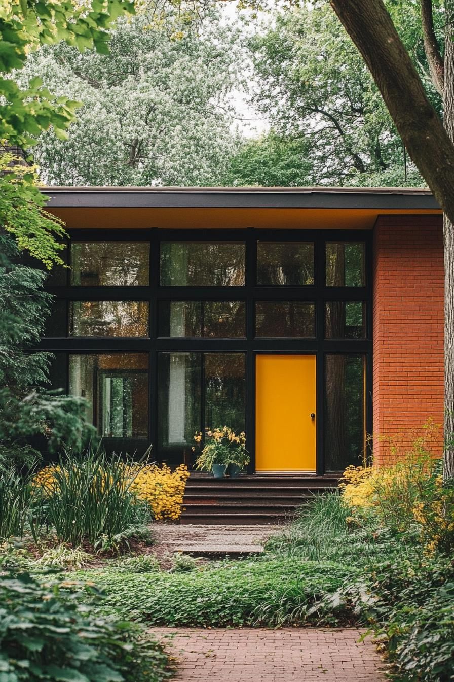 modern 70s style house exterior with brow green and yellow color tones 2