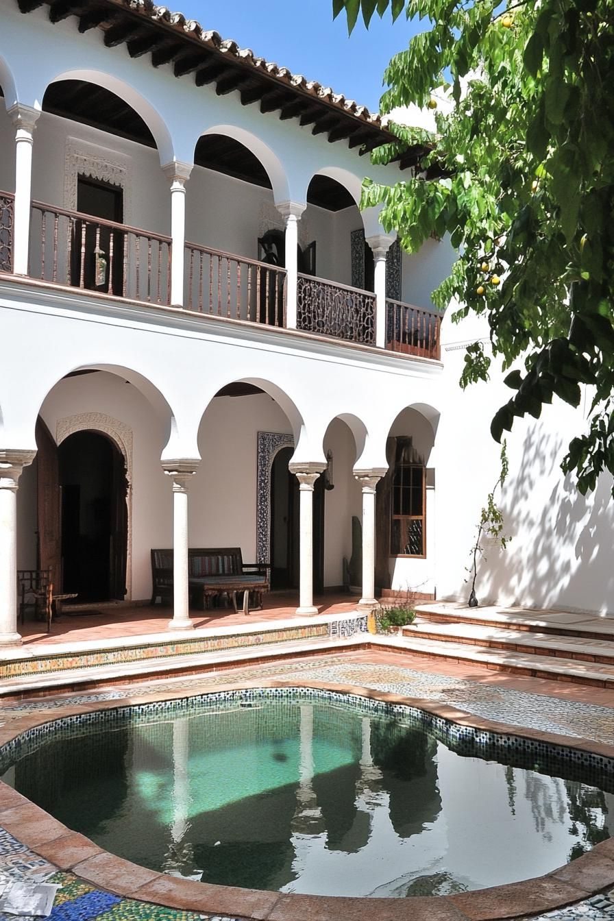 spanish style house inner courtyard house in white stucco columns and arches tiled yard small curvy pool there are mosaic steps on one side 1