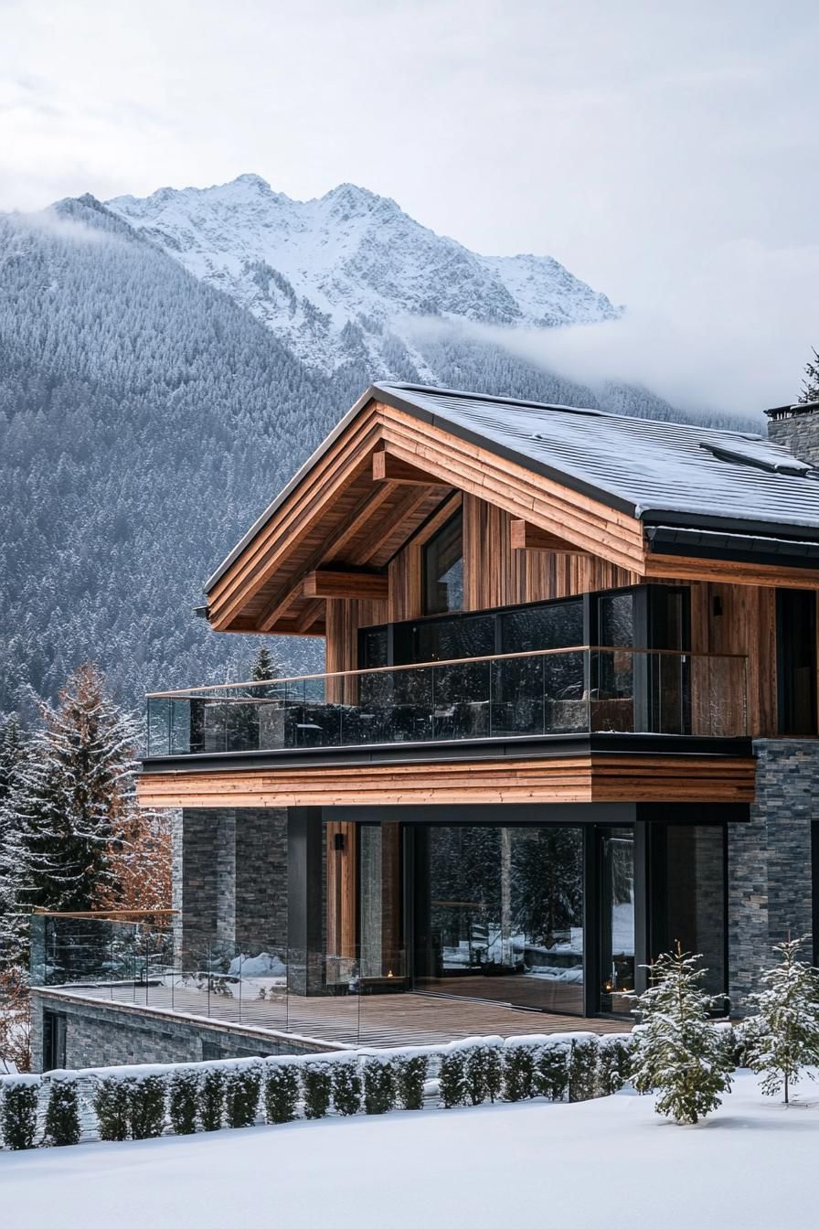 modern French chalet house facade with wooden cladding and glass railings stunning snowy mountain in the background 3