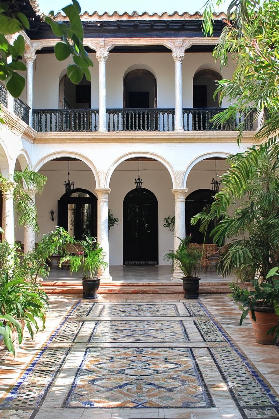 spanish marble house inner courtyard with columns and arches balconies with marble railings mosaic tile floor potted plants