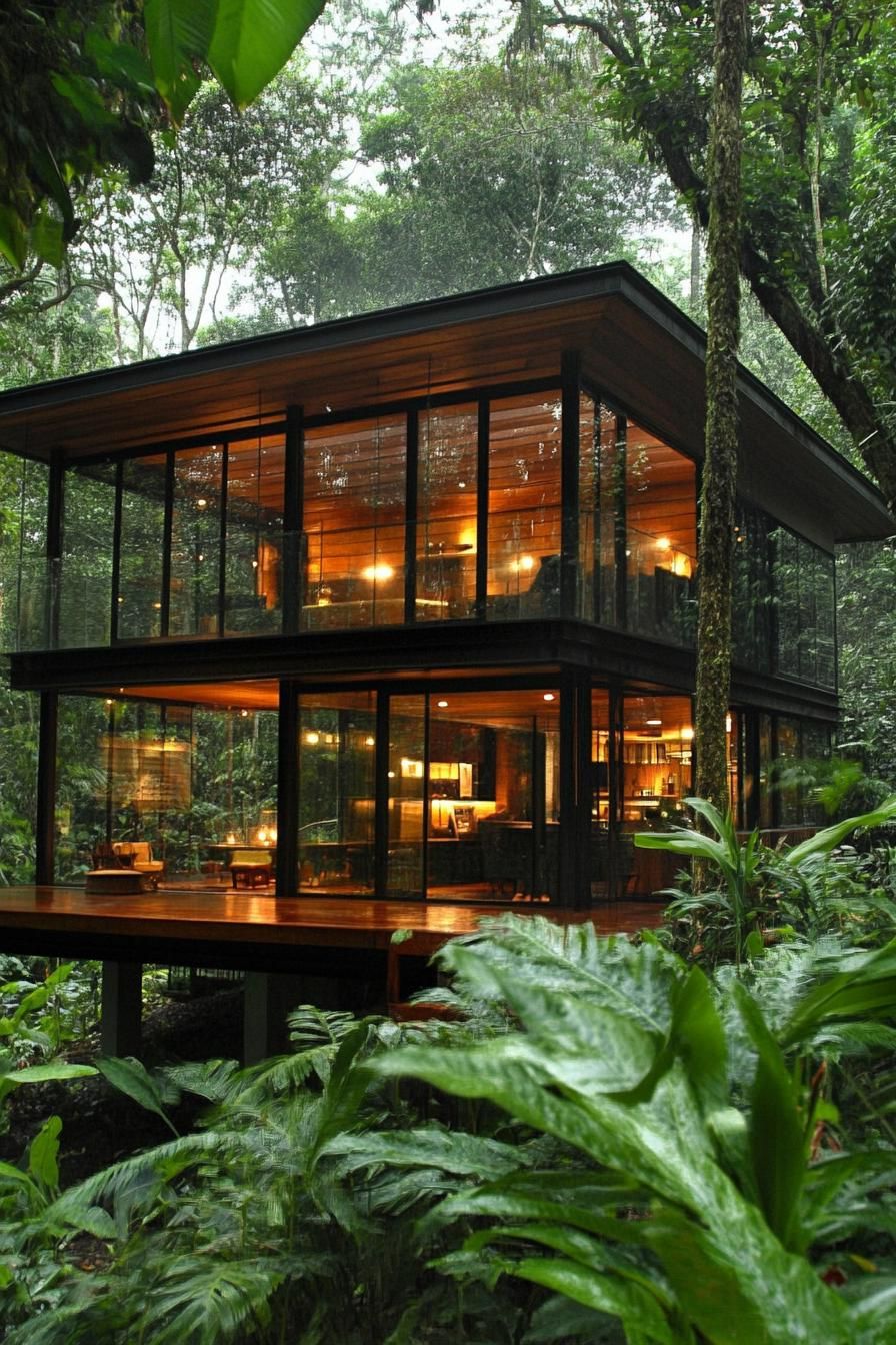 modern timber cabin with glass walls in lush tropical forest 3