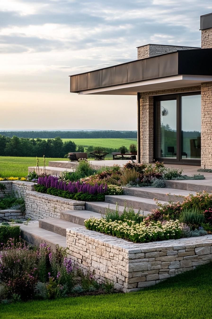 modern 70s style house front yart with stacked stone flower beds in summer stunning green fields in the background 1