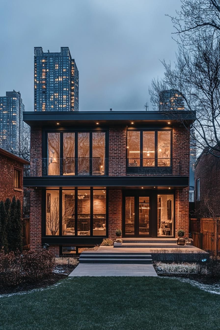modern 90s style home facade with vintage brickwork accents city skyline in the background 2