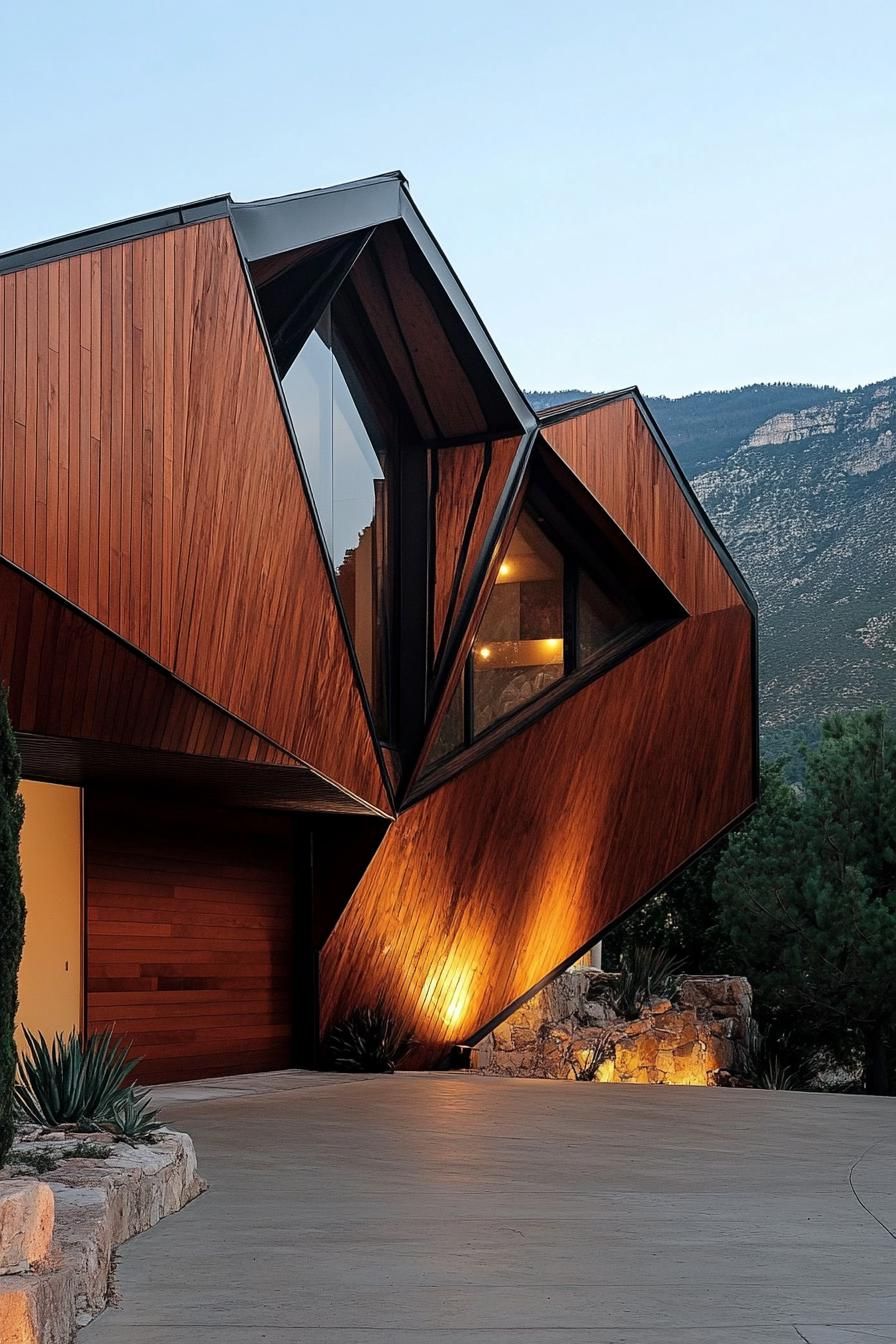 modern 70s style house facade with geometric wood paneling stunning mountain views 2