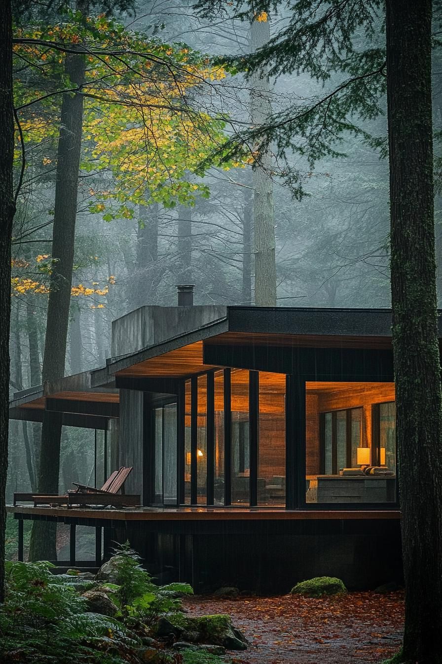 mid century modern cabin facade with exposed steel beams and columns misty Scandinavian woods