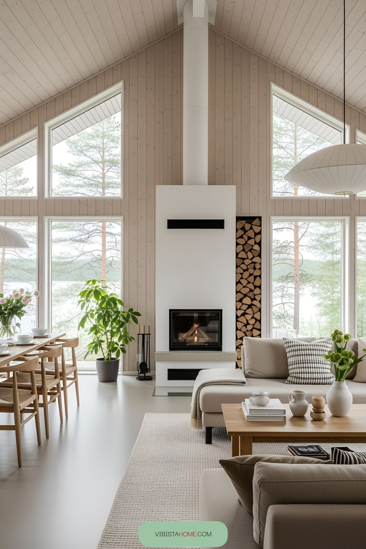 Bright lake house living room with large windows