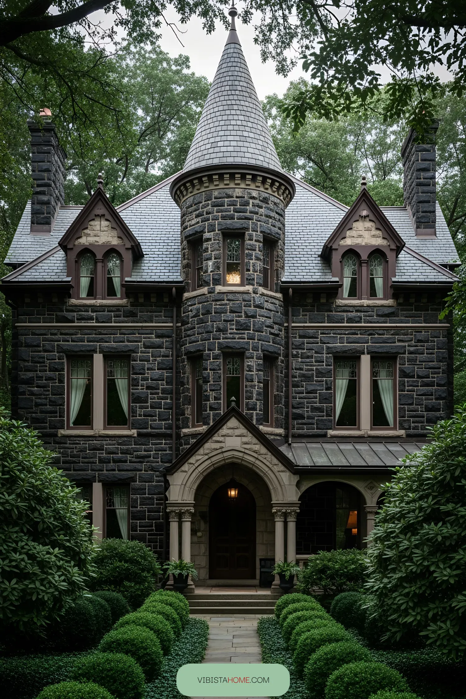 Victorian house with a turret and dark facade