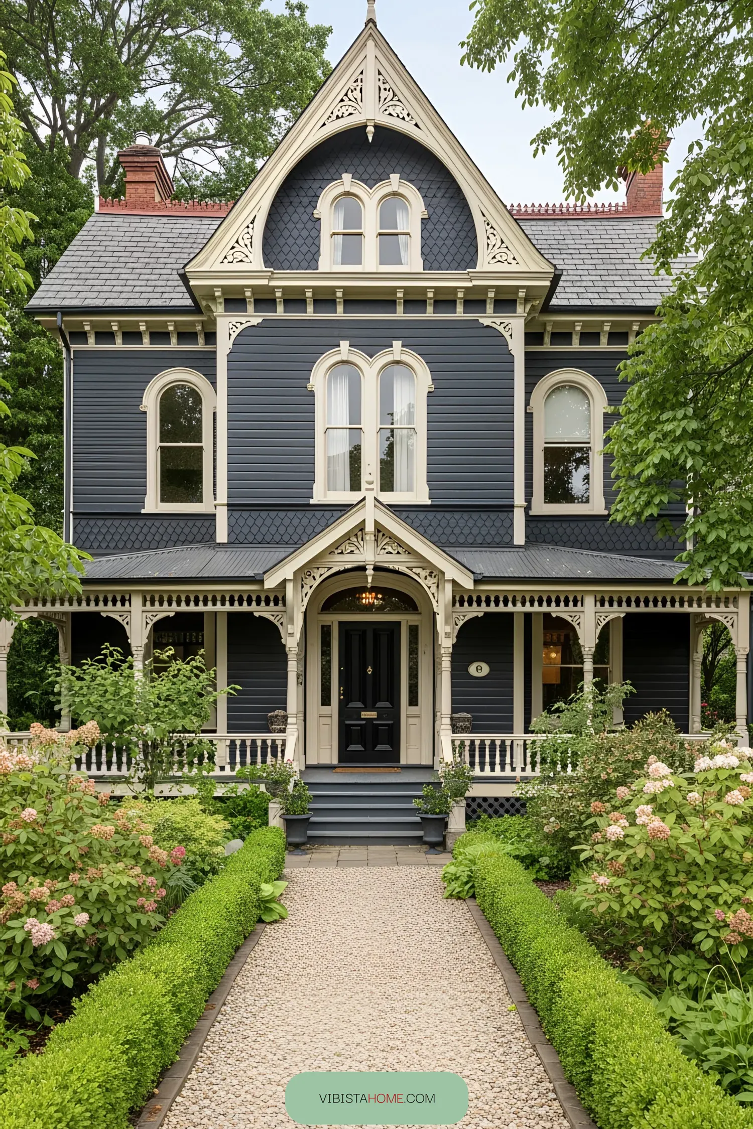 Victorian house with blue siding and ornate details