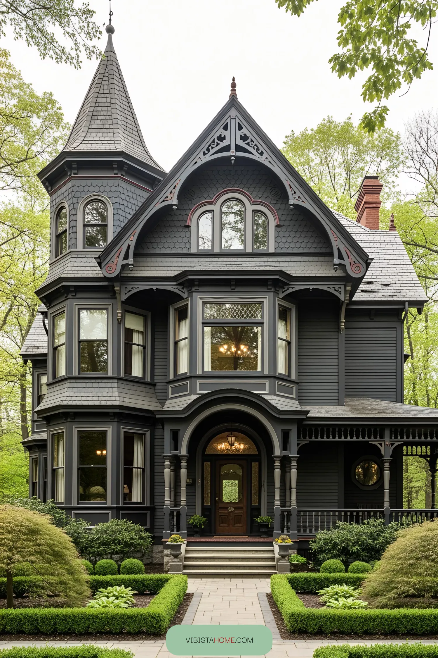 Victorian house with dark facade, detailed gables, and turret