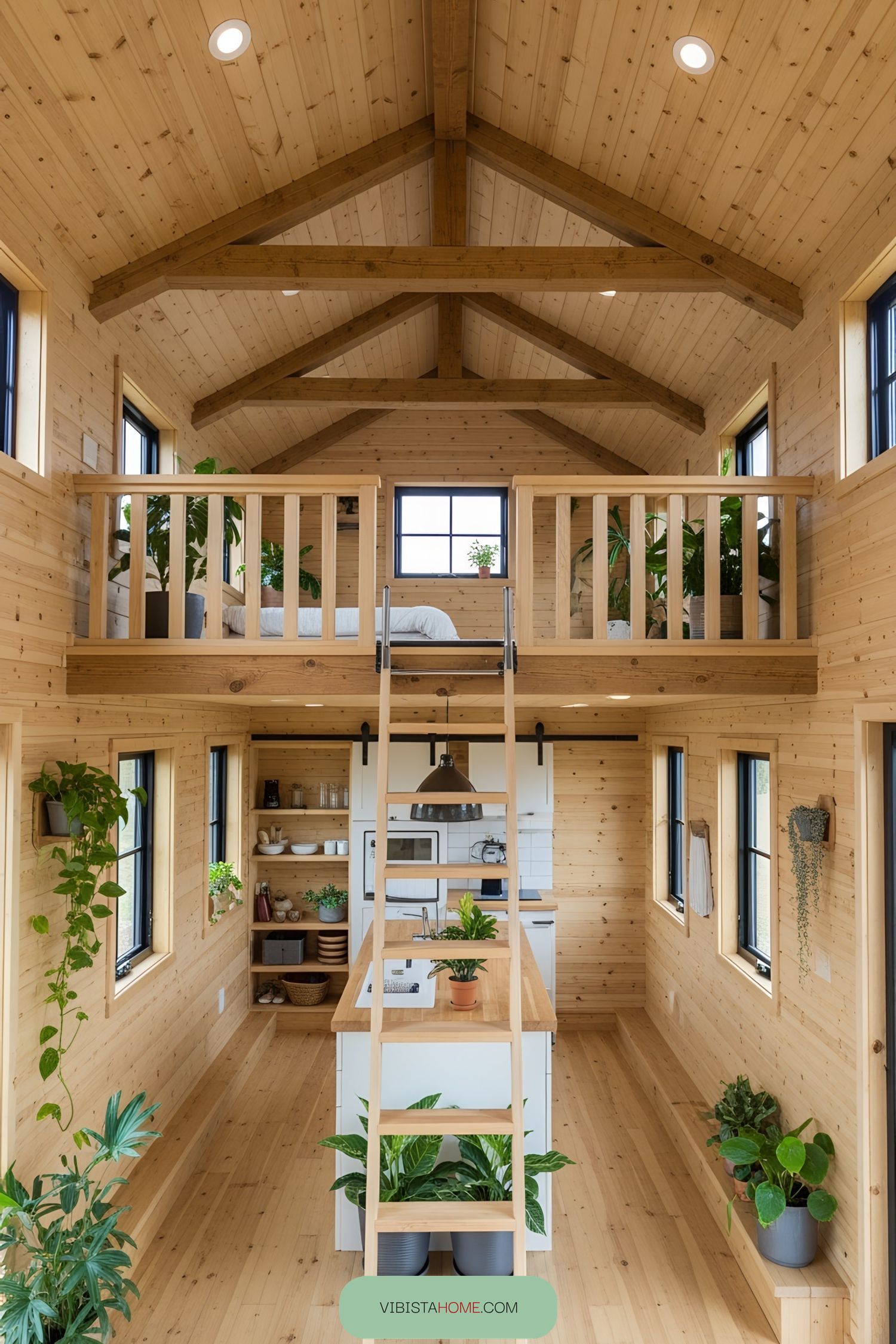 Bright interior of a lofted tiny house with wooden accents