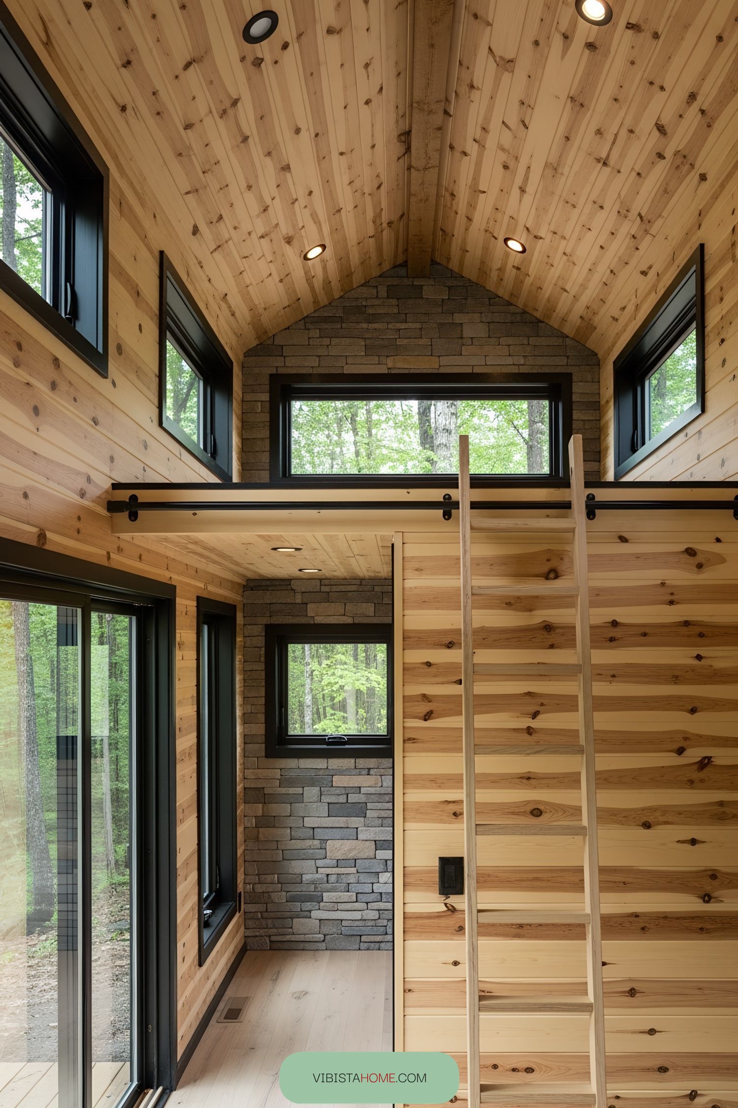 Interior of a lofted tiny house with wood and stone details