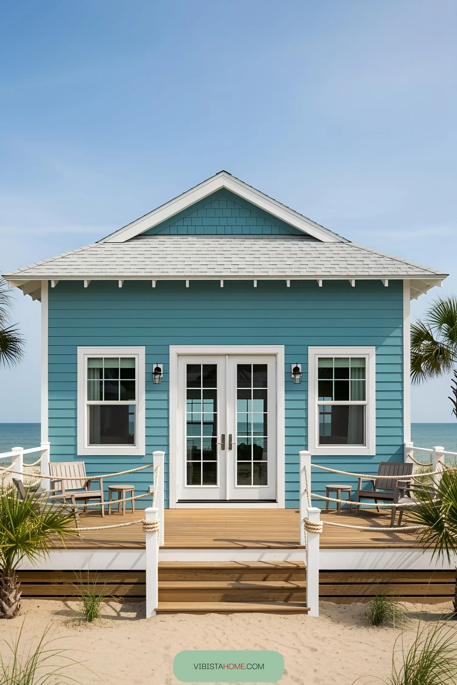 Blue coastal house with deck and ocean view