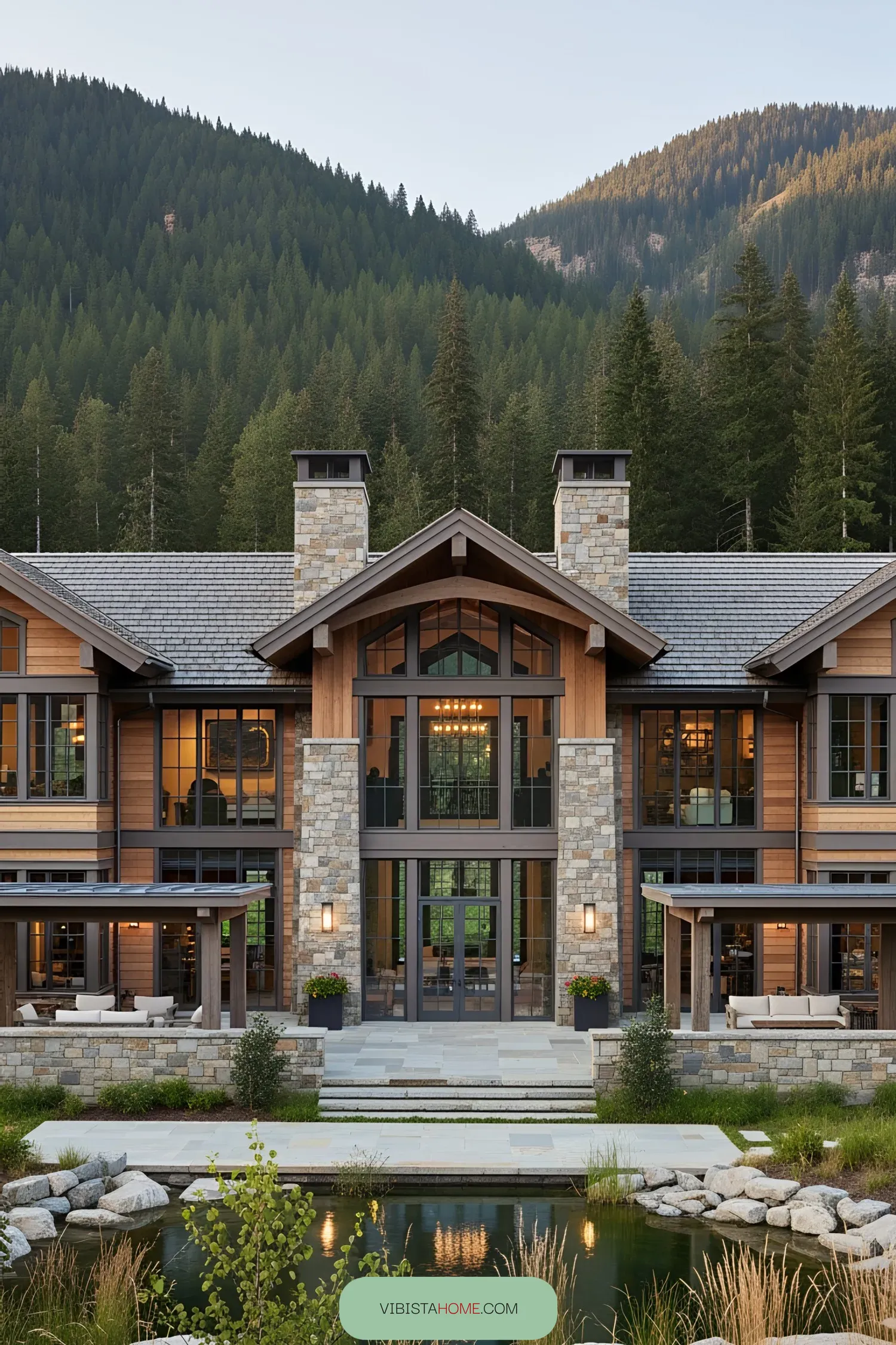 Mountain lodge with stone and wood architecture