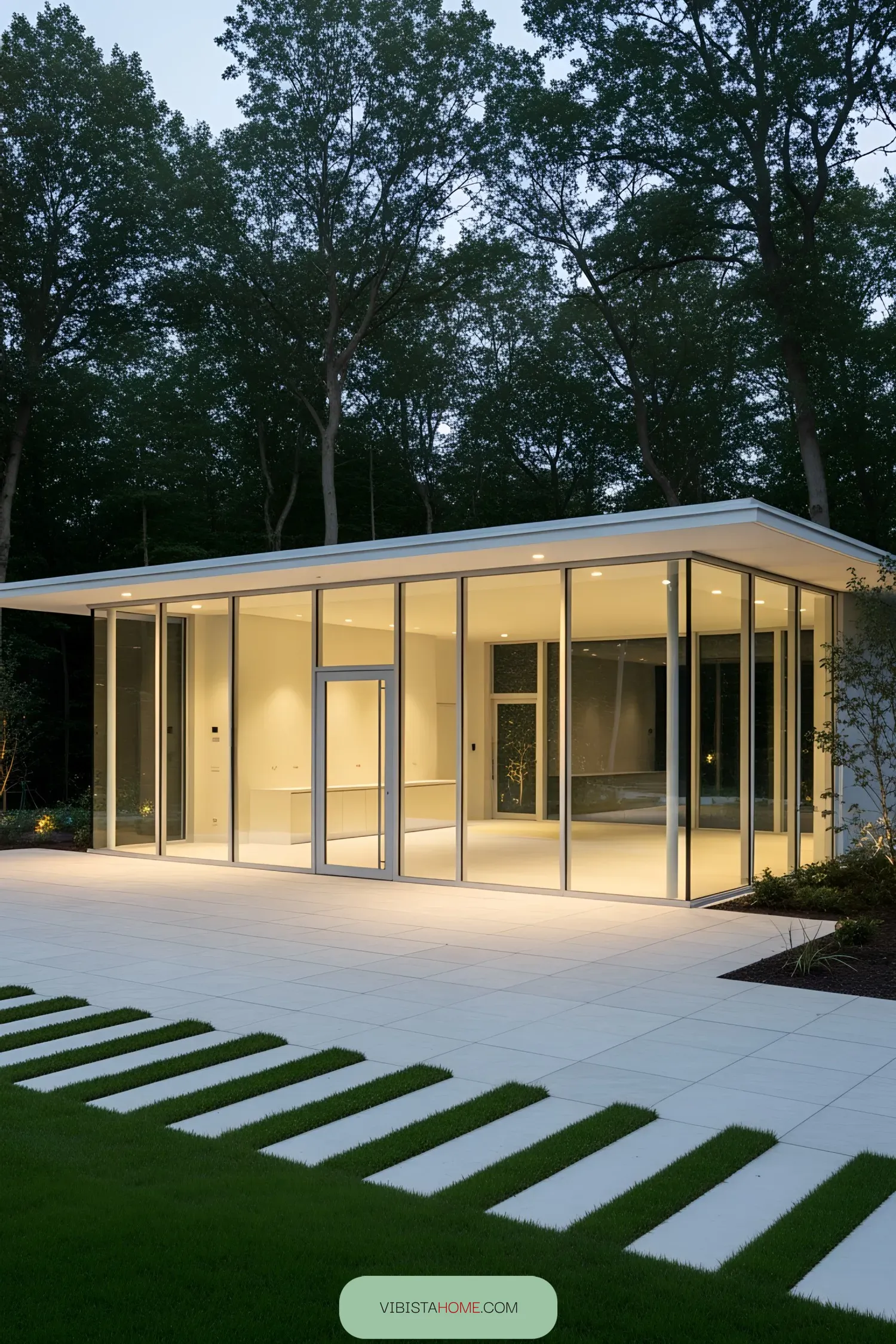 A modern glass pavilion nestled in a forested area