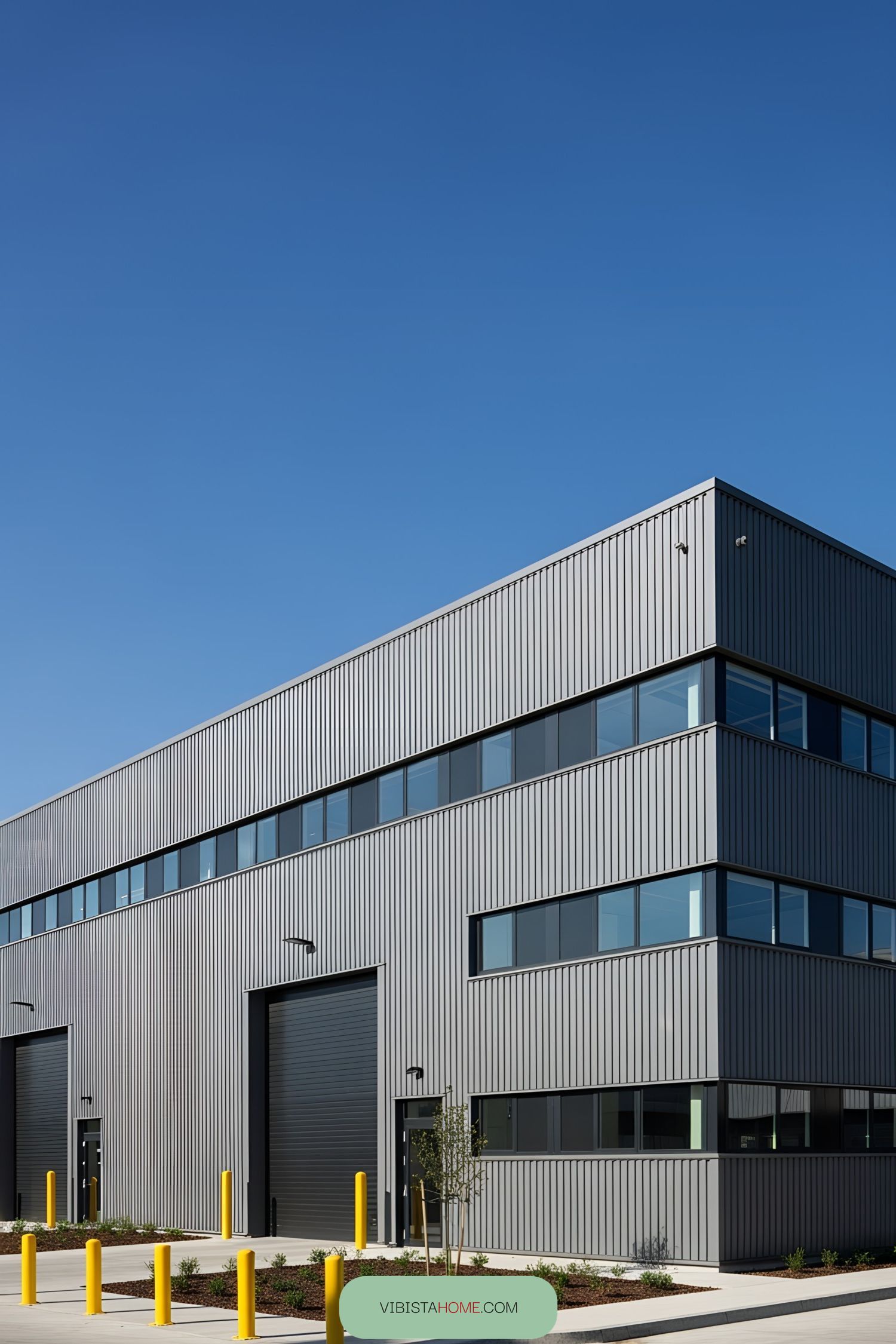 Modern industrial factory with sleek design elements and a clean, minimalistic facade