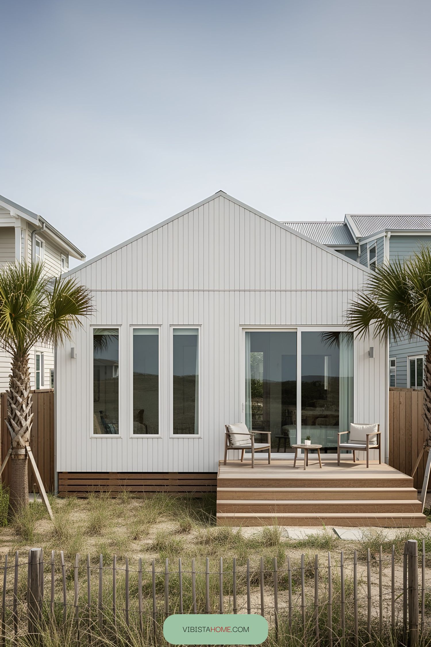 Cozy coastal bungalow with a wooden deck