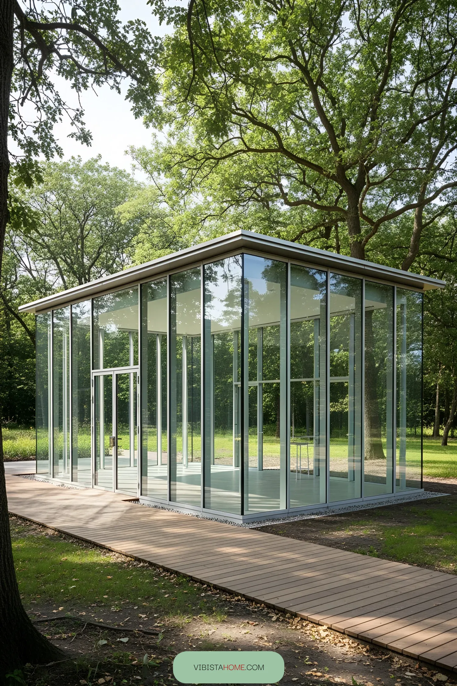 A modern glass pavilion surrounded by trees