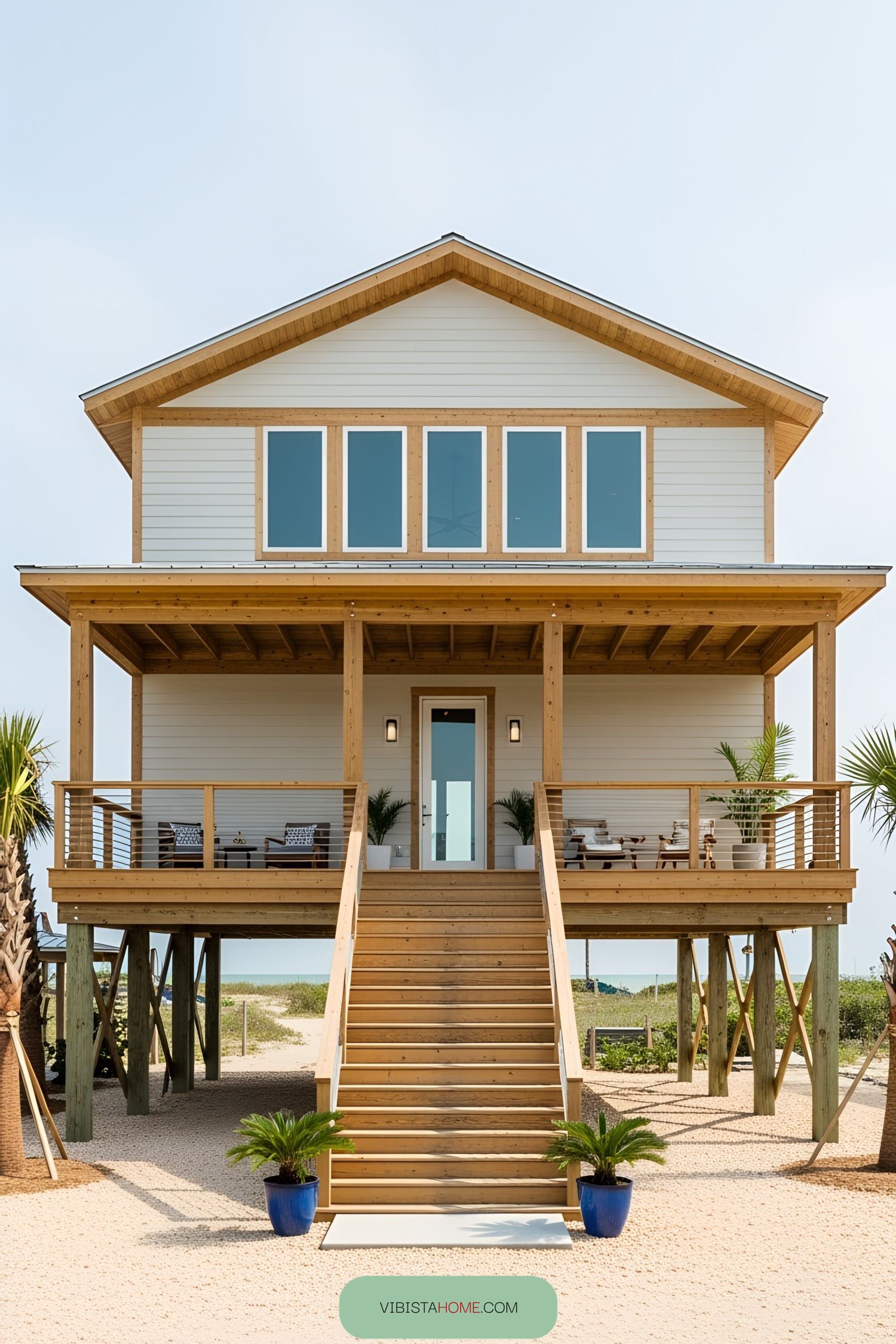 Stilted home with porch and blue sky