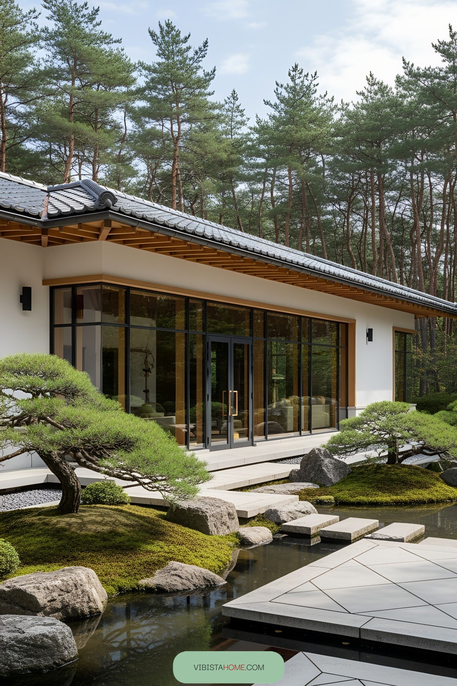 Modern Japanese house with glass walls and garden