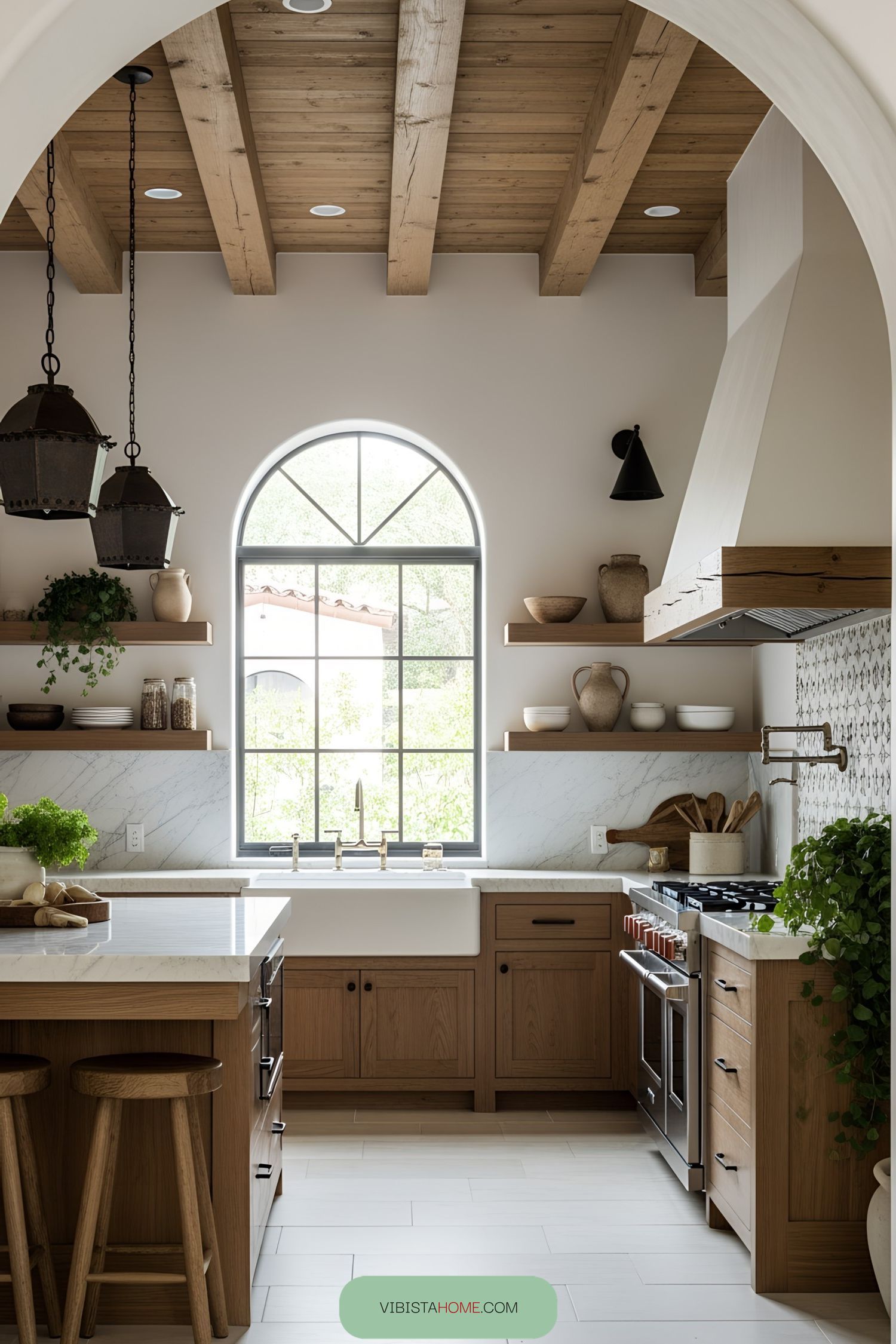 Charming Spanish kitchen with wooden beams and white walls
