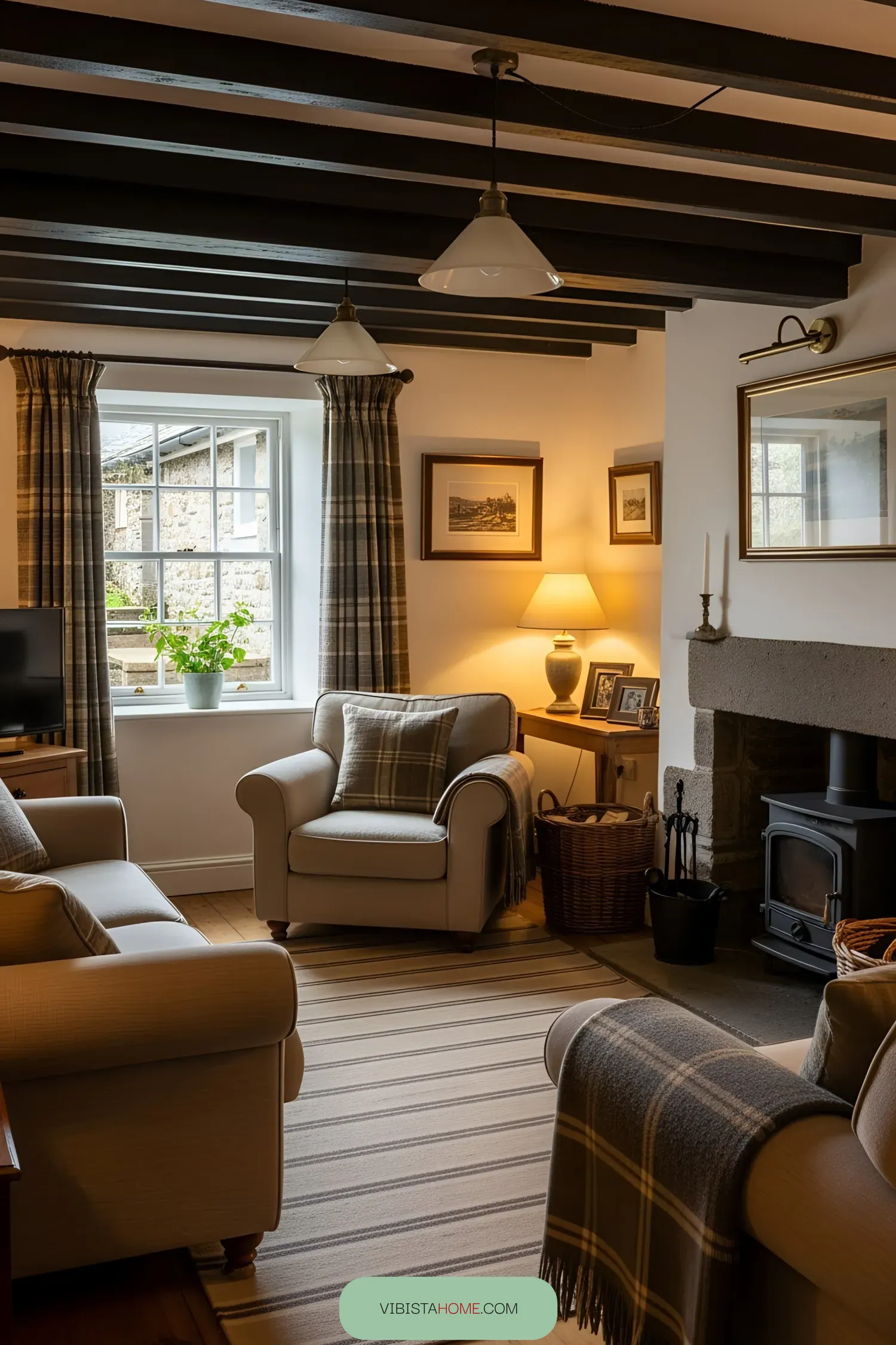Inviting living room with plaid accents