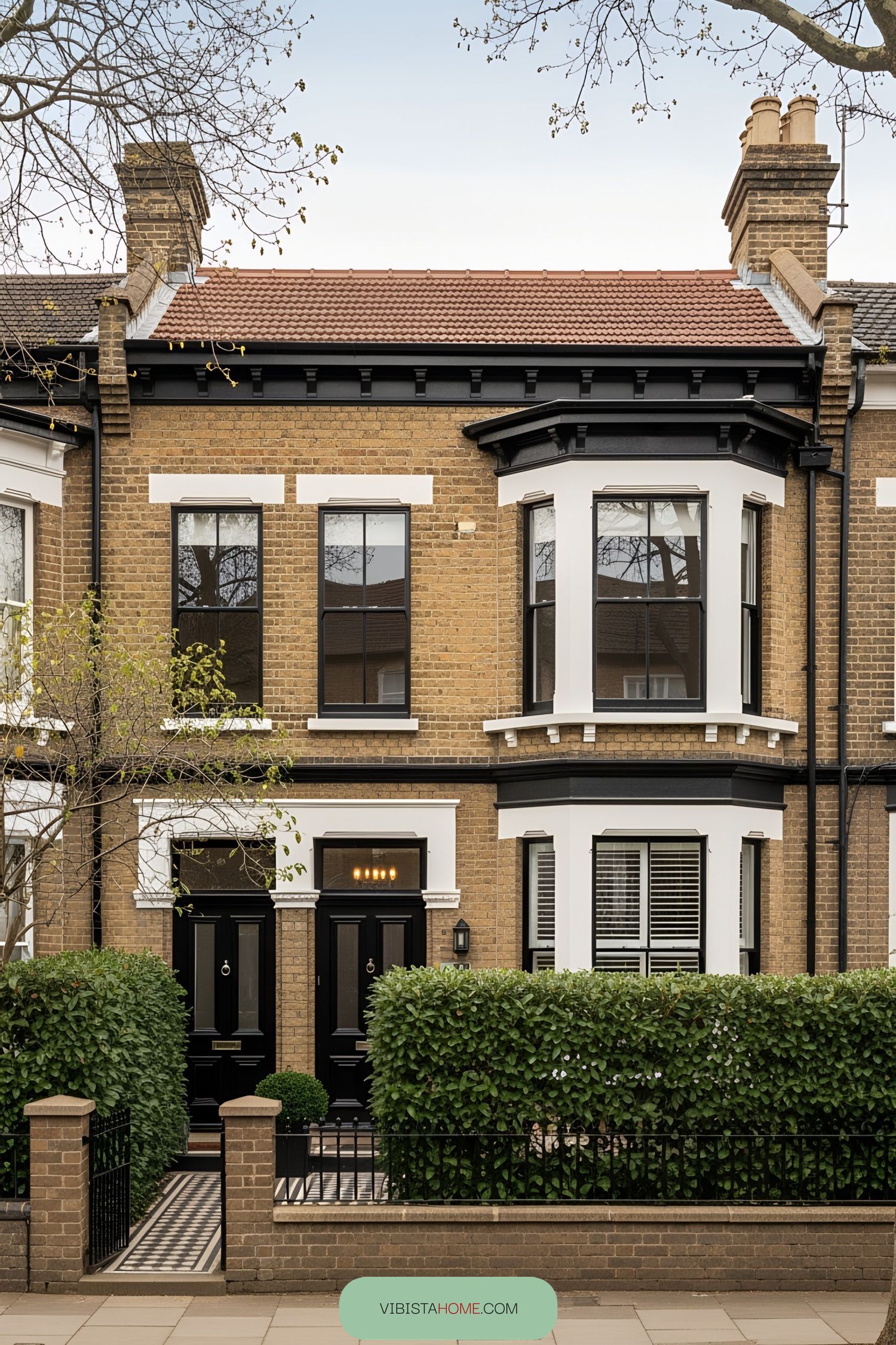 Victorian terrace with neatly trimmed hedges