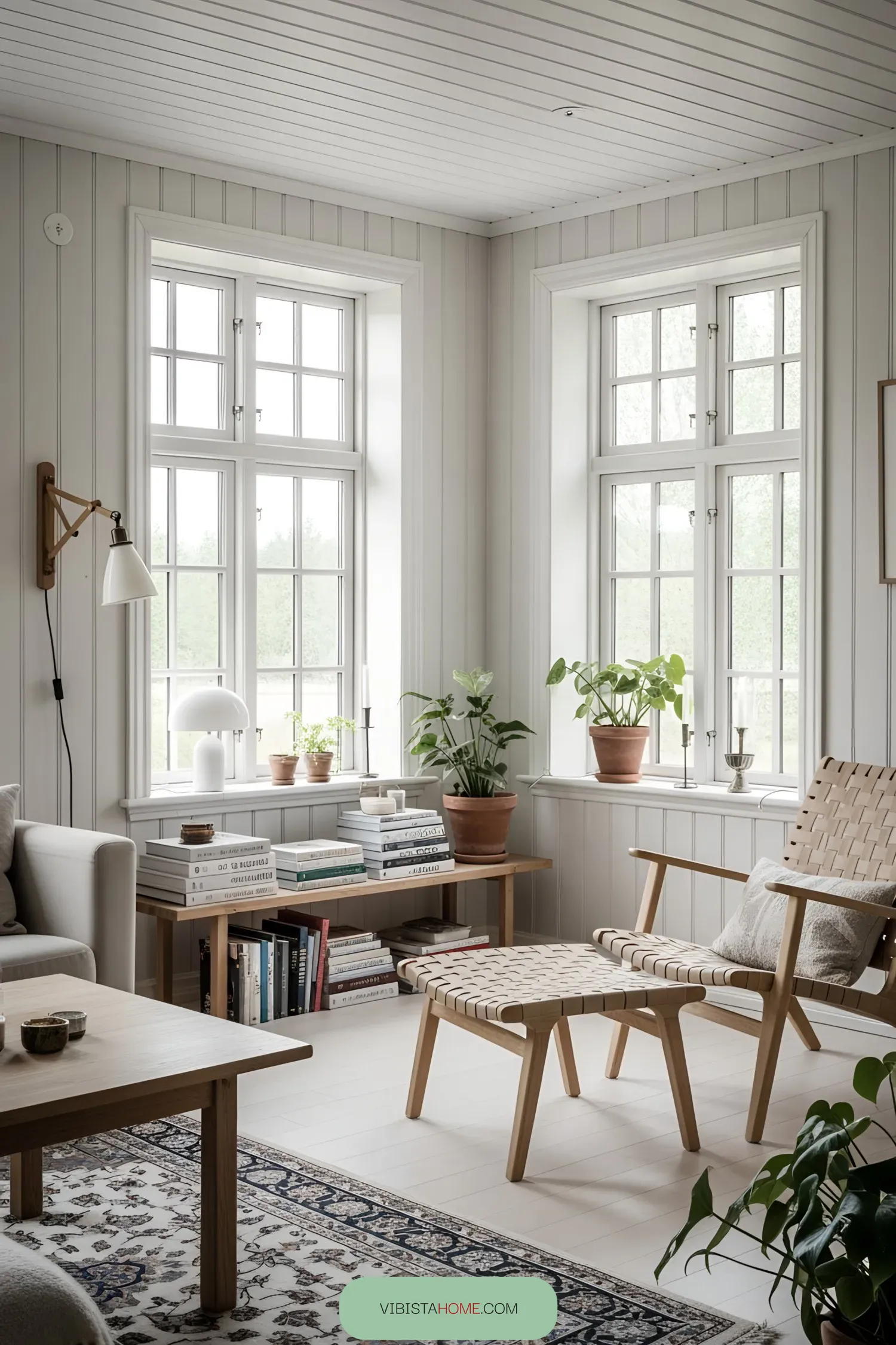 Bright and cozy room with wooden furniture and potted plants