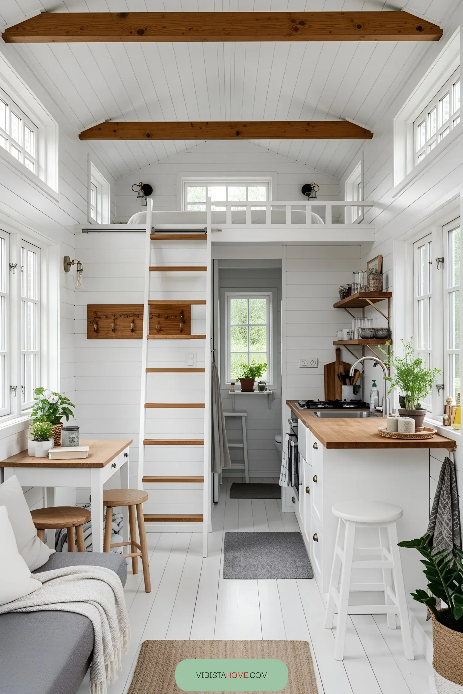 Bright and airy tiny cottage interior with wooden accents