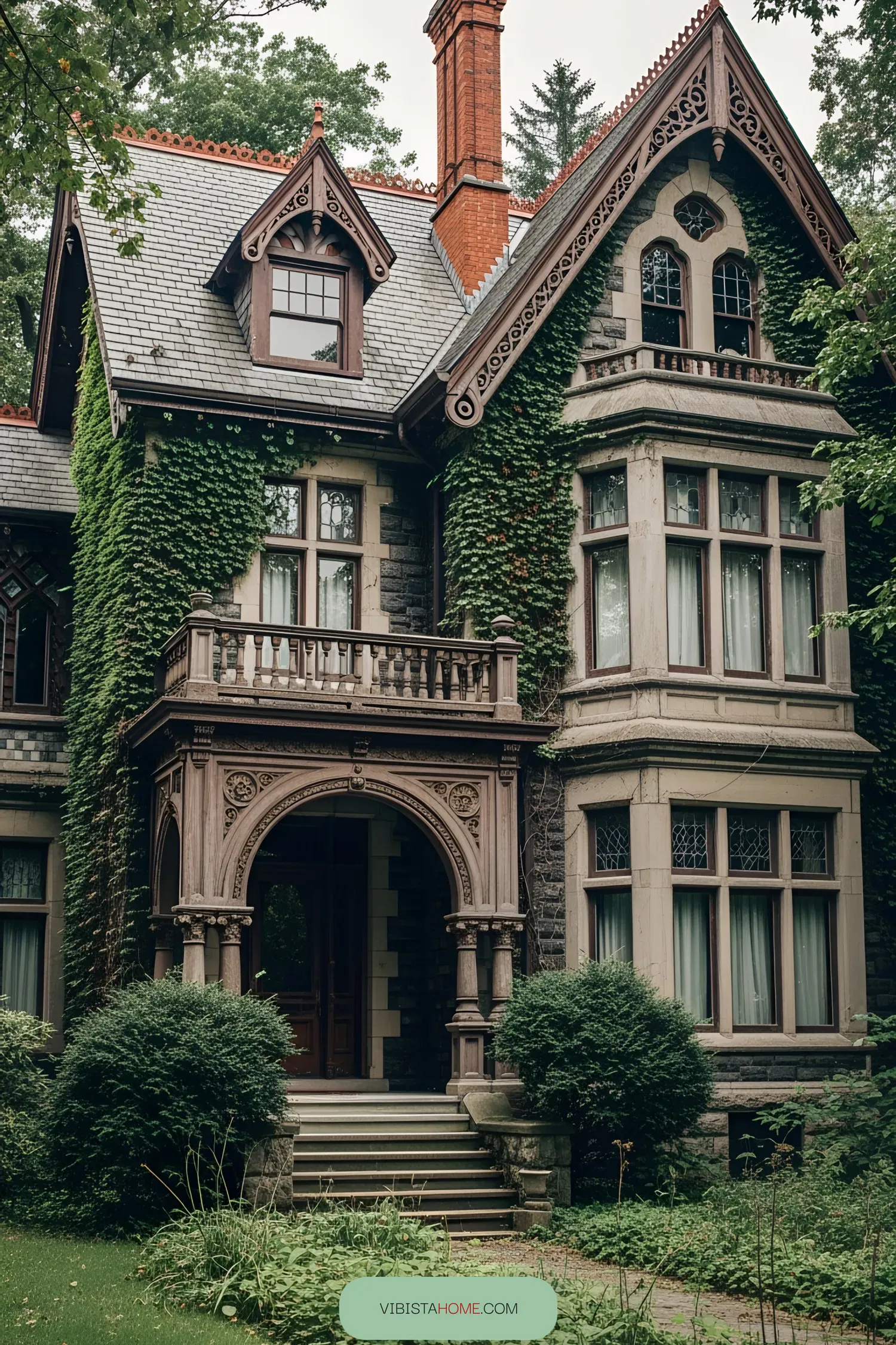 Ornate Victorian house covered in ivy with intricate gables and a tall chimney
