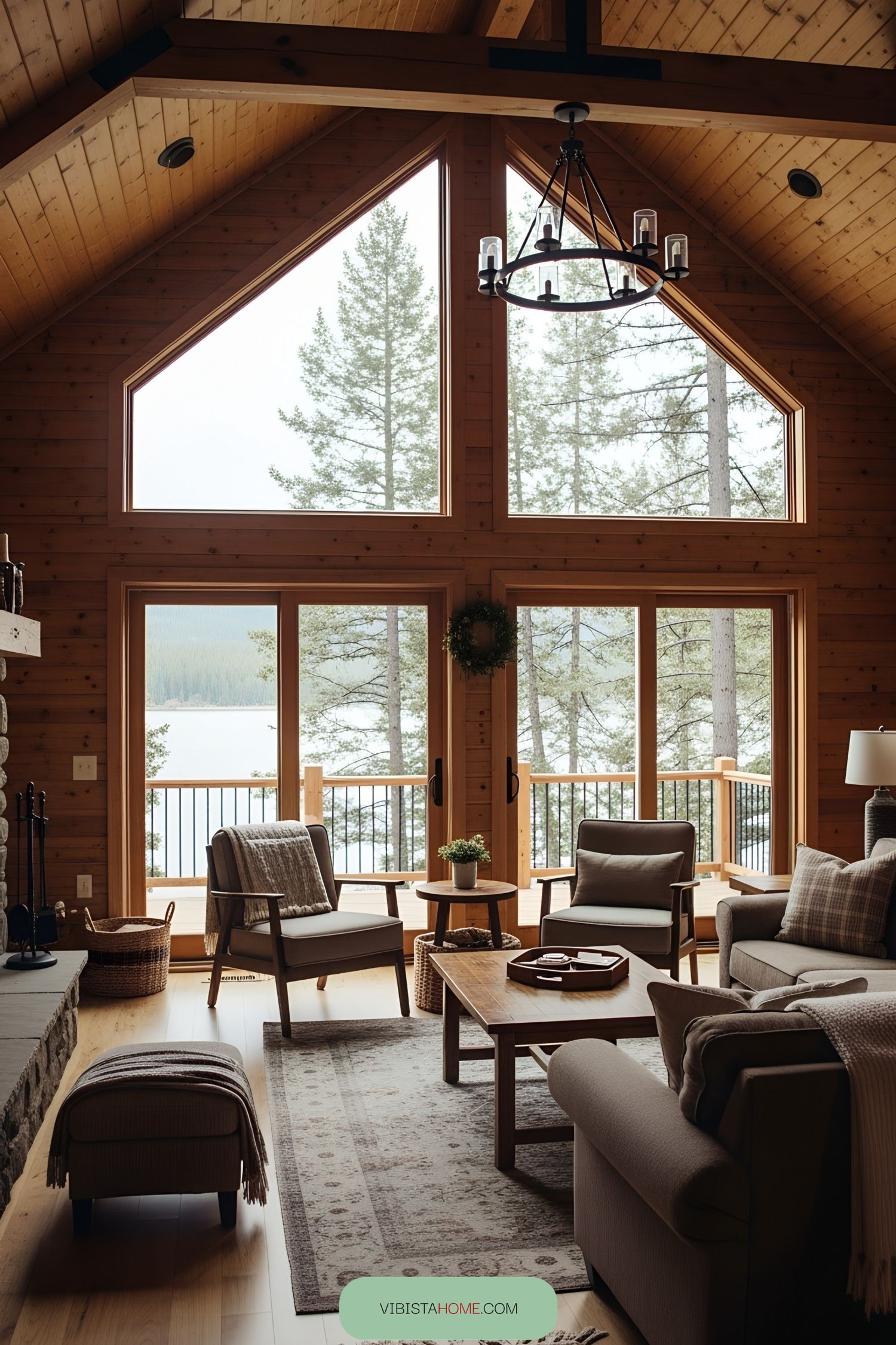 Cozy wood-paneled living room with large windows