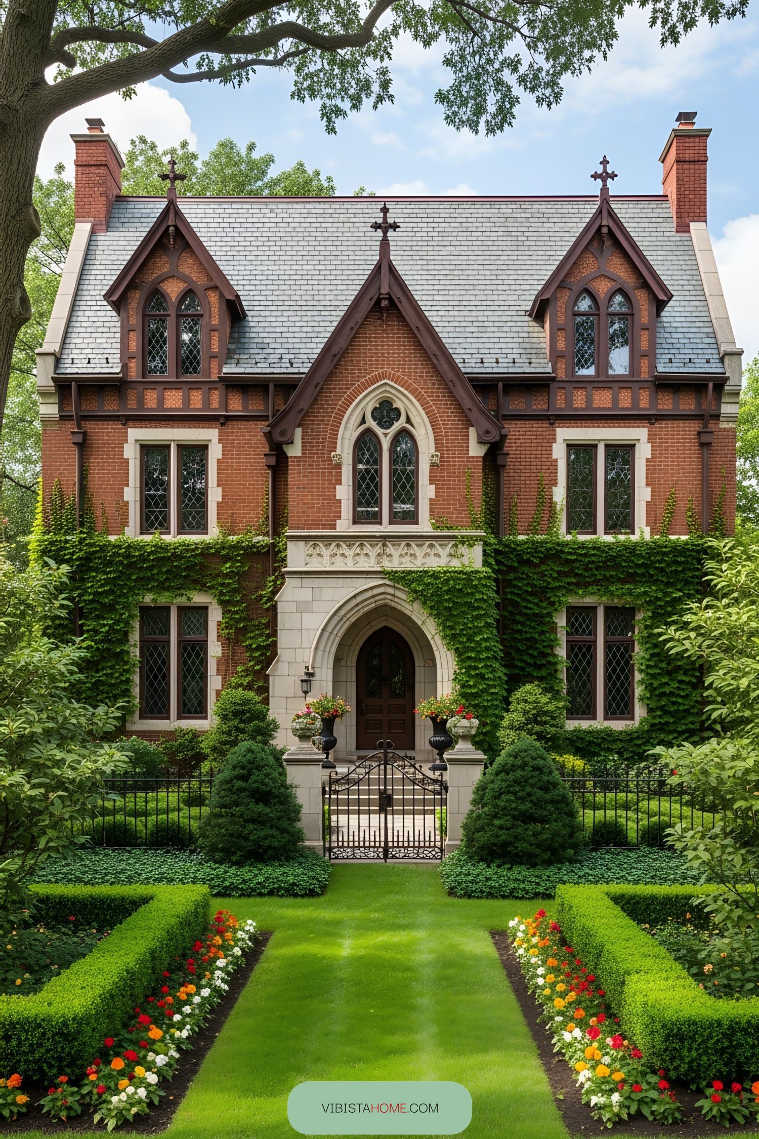 A Gothic Victorian house with ivy-covered walls and ornate gables