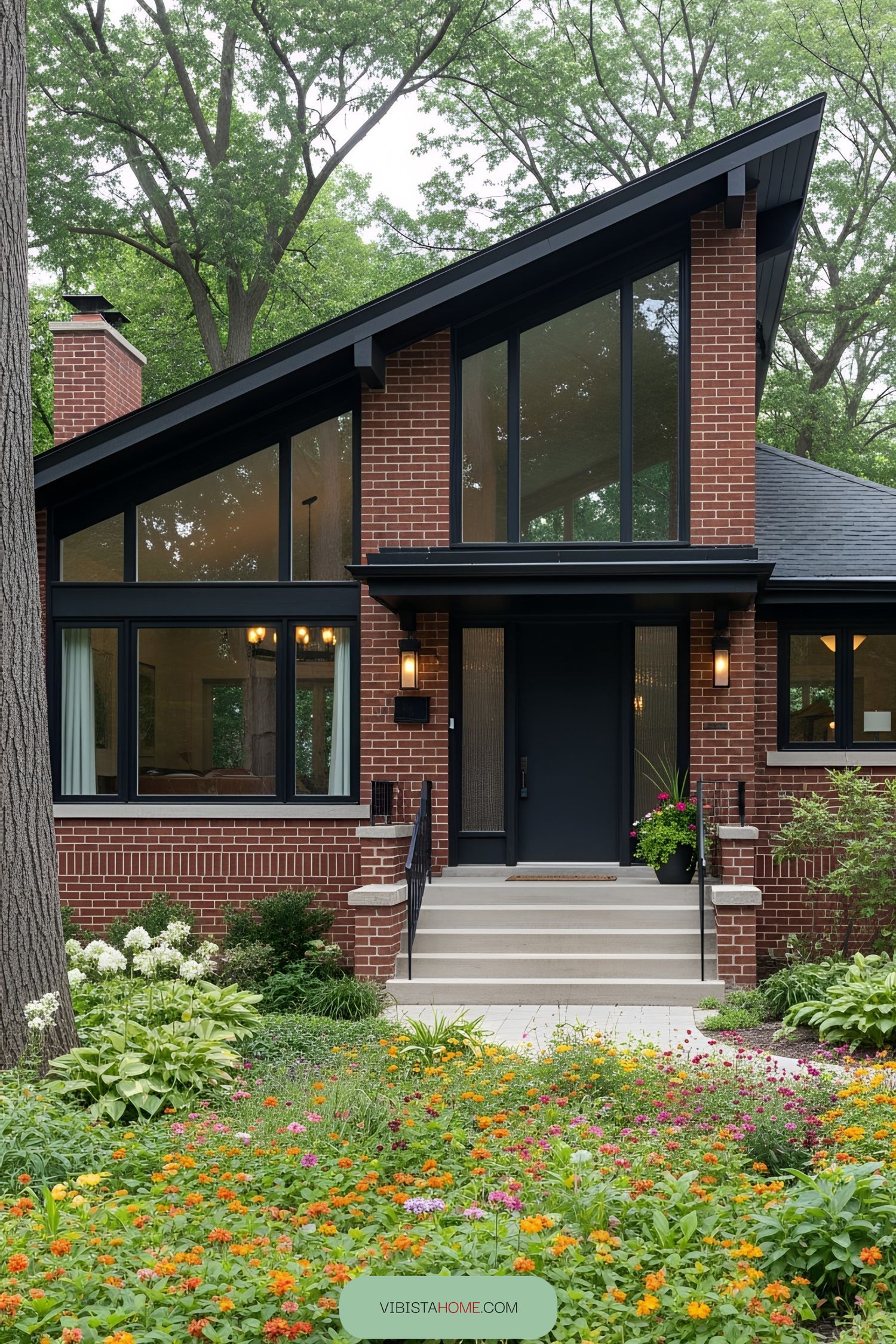 Red brick bungalow with tall windows and lush garden