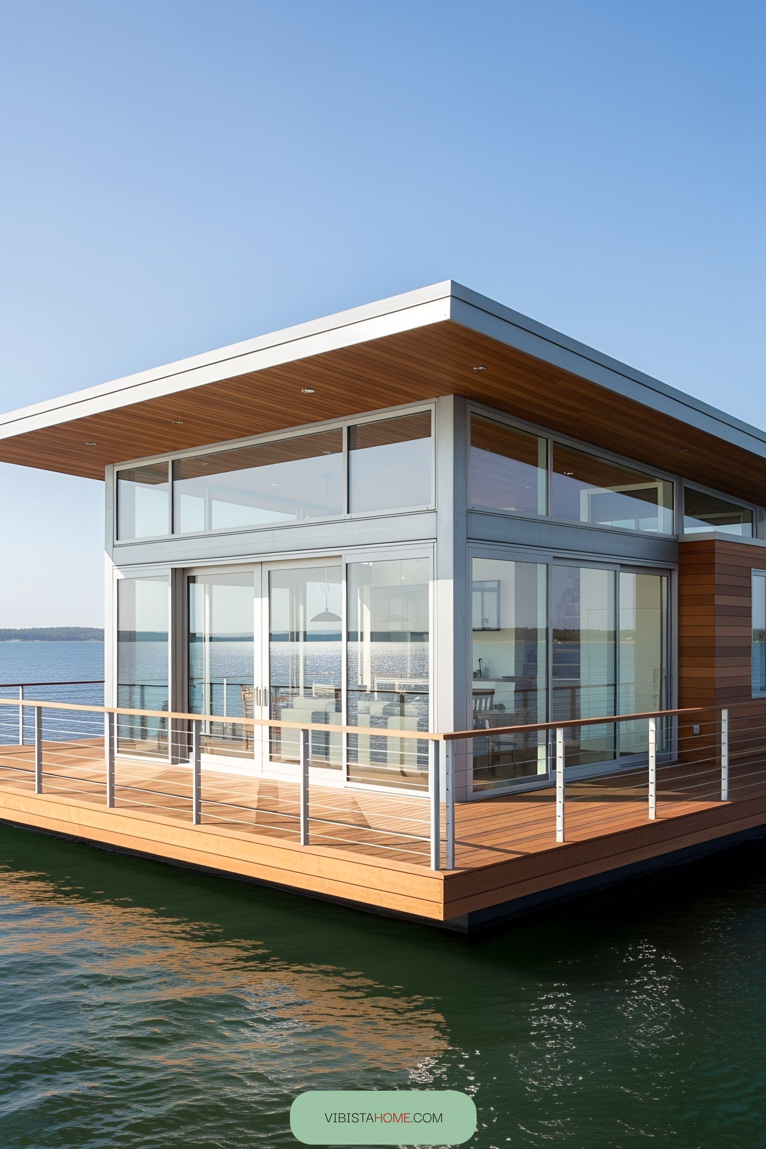 A modern floating glasshouse with wooden accents on calm waters