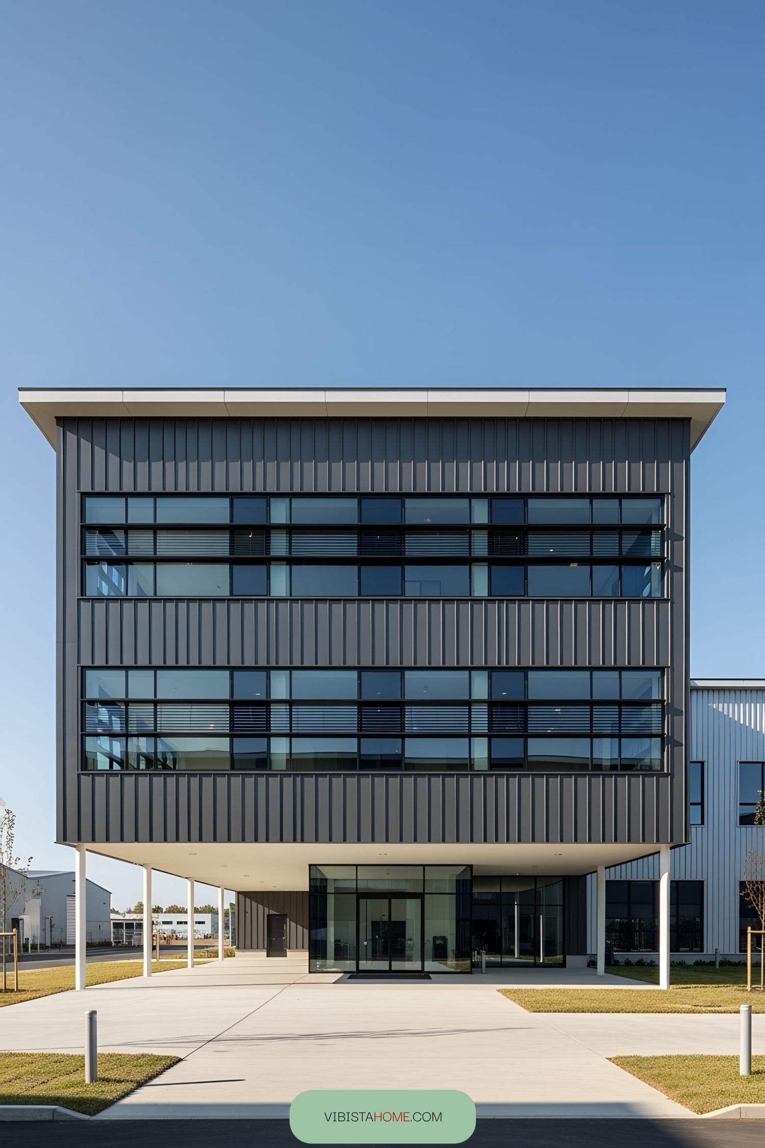 A modern industrial building with a sleek, minimalist facade