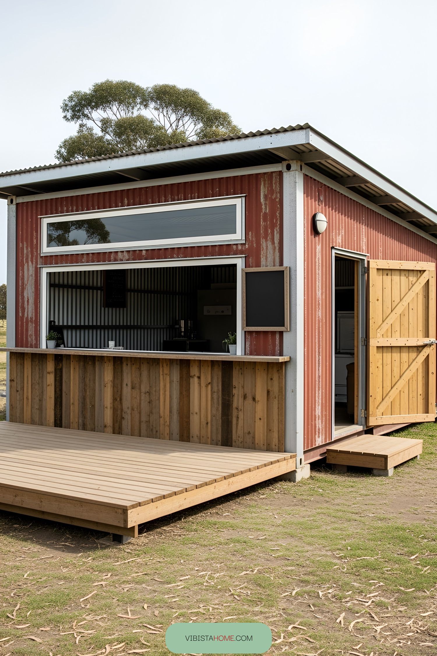Red and wooden container bar with serving window